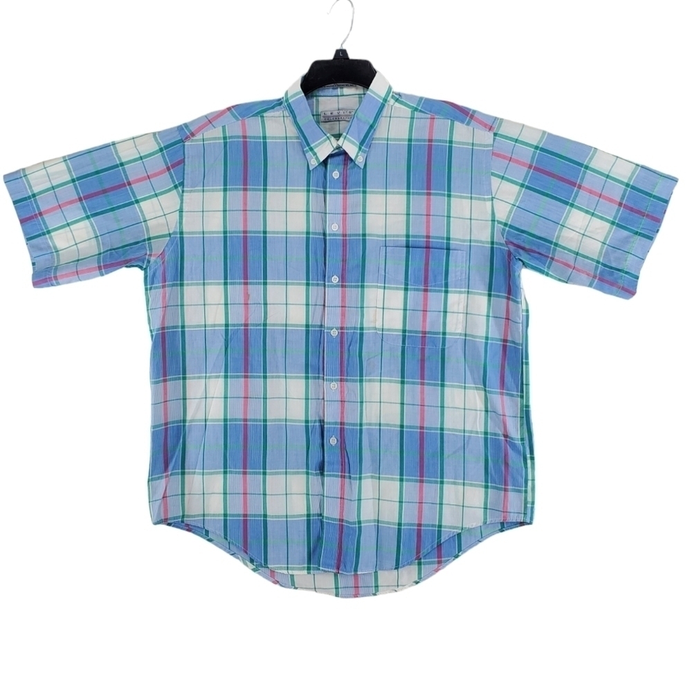 Vtg Levis Shirt Mens XL Tartan Plaid Button Down Blue White Colorgraphs 80s SS